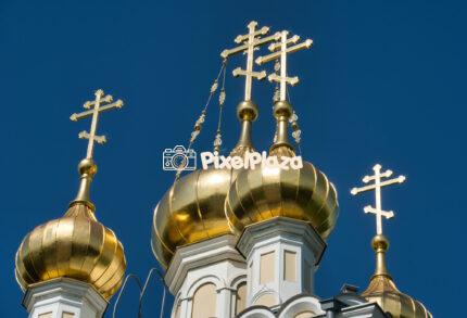 Golden Onion Domes of St. Nicholas Orthodox Church in Ventspils, Latvia